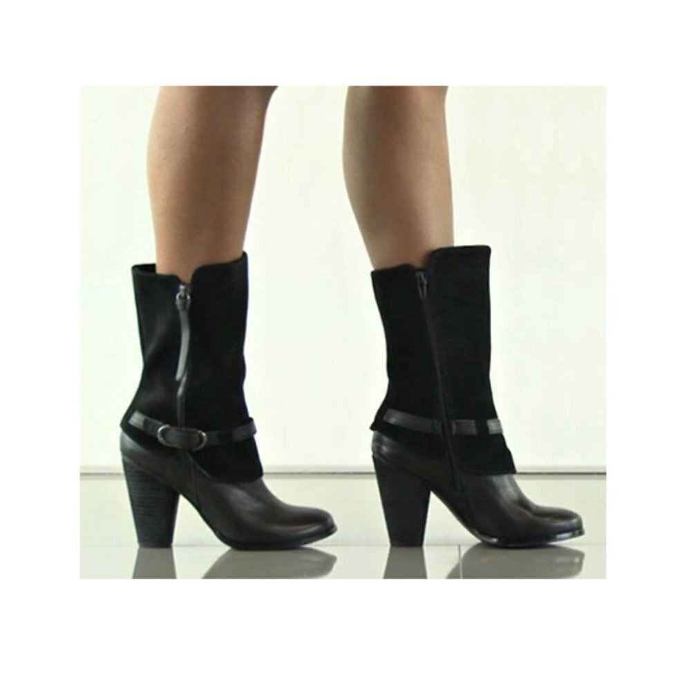 𝅺Kensie Hunter Size 7 Black Suede Leather Zip Boots Chunky Heel Buckle Wrap.